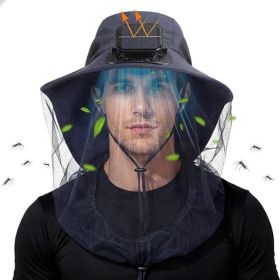 Mosquito Net Hat with Fan Built in Wide Brim Fan Solar Hat with Netting and Neck Flap for Men Women Outdoor Fishing (Color: Navy Blue)
